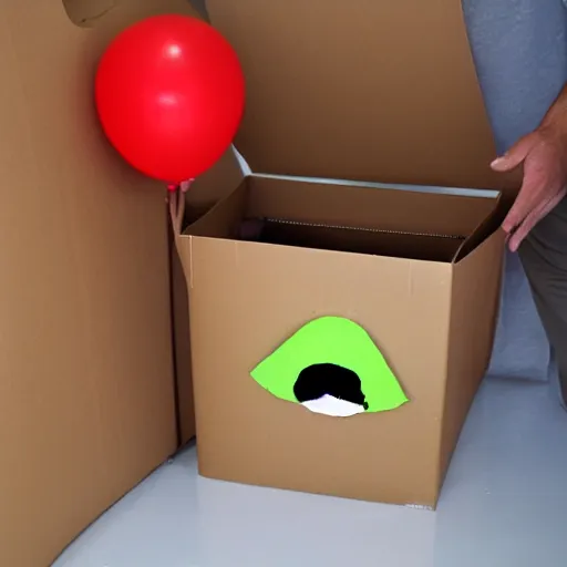 Prompt: a cardboard box opened up with a clown face popping out of it, realistic