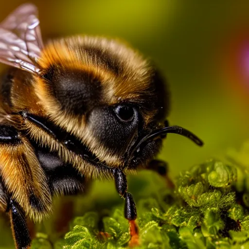 Image similar to macro photography of a landing of a bee on a high detailed dog's nose. pollen on the nose. contest winning photography. 8 k. hyper - realistic