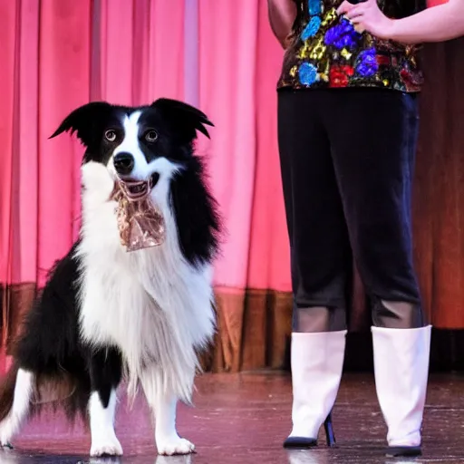 Prompt: a border collie dressed as a woman doing a fashion show in a theater, the audience consists of dogs, painted in acrylic