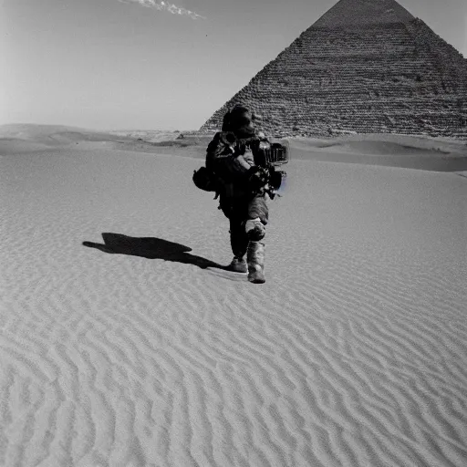 Prompt: a heavily armored man wearing a gasmask, walking over sand dunes, pyramid in background, film still, arriflex 3 5