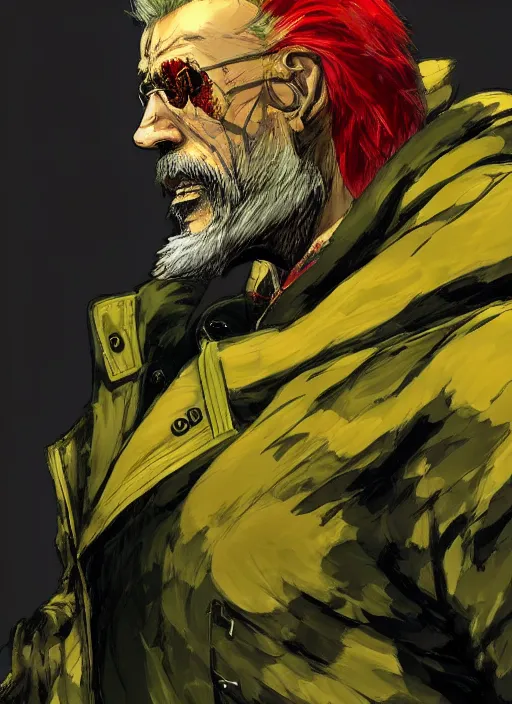 Image similar to Full body portrait of an old muscular man with blonde hair and beard red, green and gold jacket. In style of Yoji Shinkawa and Hyung-tae Kim, trending on ArtStation, dark fantasy, great composition, concept art, highly detailed.