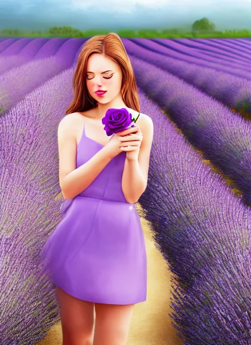 Image similar to girl eating a rose in a lavender field. by AquaSixio, hyperrealistic illustration, digital art, 4k, very detailed faces