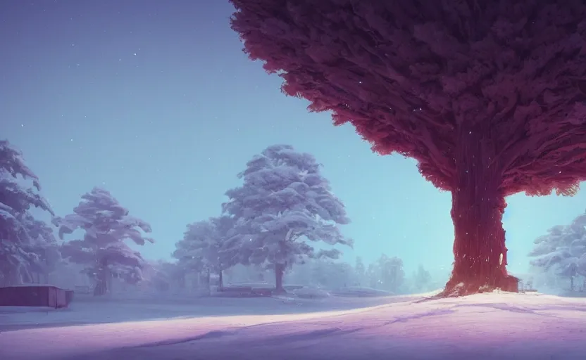 Image similar to A landscape with a giant tree in the snow, Low level, rendered by Beeple, Makoto Shinkai, syd meade, simon stålenhag, environment concept, synthwave style, digital art, unreal engine, WLOP, trending on artstation, 4K UHD image, octane render,