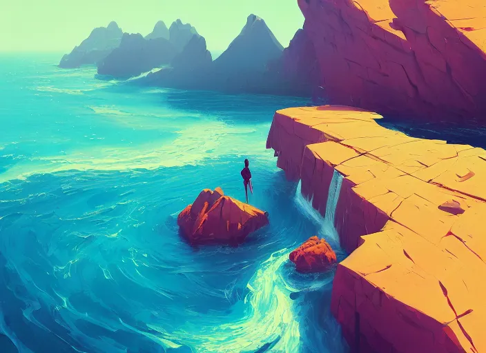 Image similar to a painting of a large rock in the middle of a body of water by anton fadeev and ilya kuvshinov, featured on artstation, fantasy art, artstation hq, artstation hd