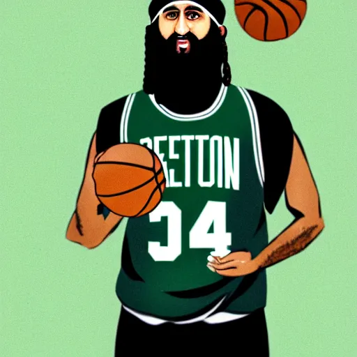 Image similar to facial portrait of osama bin laden shooting free throws, boston celtics jersey, wearing a headband, sweating, focused