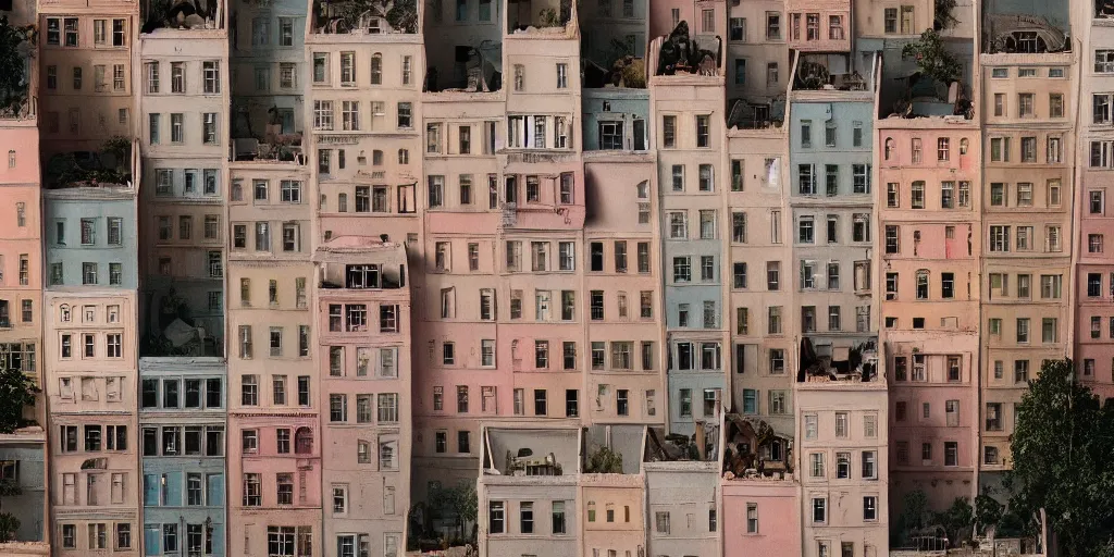 Prompt: a very high resolution image from a new movie, upside - down building, beautiful scenery, photorealistic, photography, directed by wes anderson