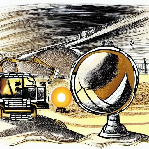 Image similar to in the distance, in the center of a large sand pit, there is a large golden ball in the sand, a broken excavator and a man in military uniform standing nearby, stylization of a book illustration, high - quality, depth of sharpness, focus on the object