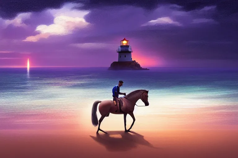 Image similar to photo of man riding a horse along the beach, glowing underwater waves toward a lighthouse in the distance guiding his way, silhouette, wide horizon, large white clouds, flying birds, night, intricate, elegant, highly detailed, digital painting, artstation, concept art, smooth, sharp focus, illustration, art by artgerm and greg rutkowski and fra angelico