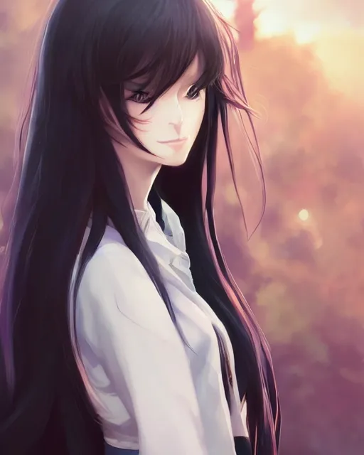 Image similar to An anime portrait of a beautiful girl with long black hair wearing a white blouse, by Stanley Artgerm Lau, WLOP, Rossdraws, James Jean, Andrei Riabovitchev, Marc Simonetti, and Sakimichan, tranding on artstation