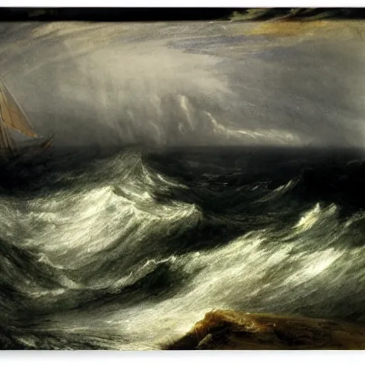 Prompt: Silhouette of a man in a dark coat, stormy sea in the background, sombre, by J.M.W Turner, dark, realistic, high textures, misty