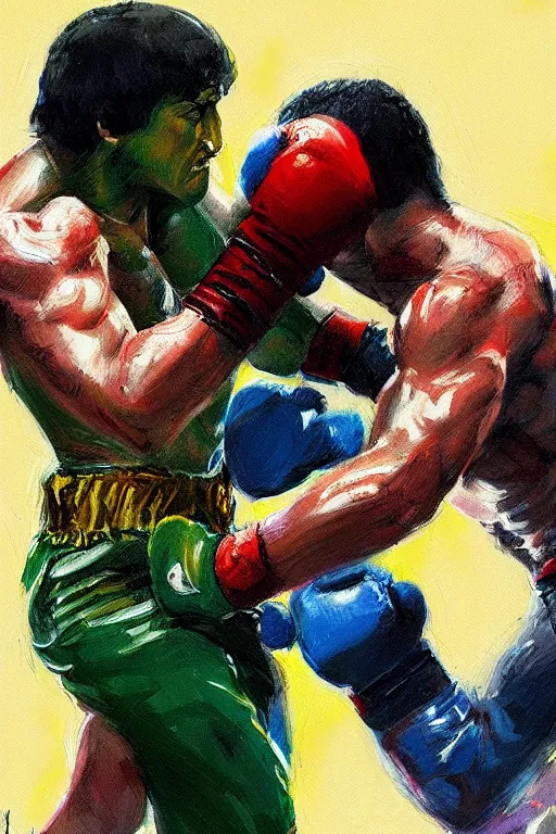 Prompt: fight between rocky balboa and predatorfrom the original movie, artstation, concept art, smooth, sharp foccus ilustration hq, painting in the style of leroy neiman, green tones