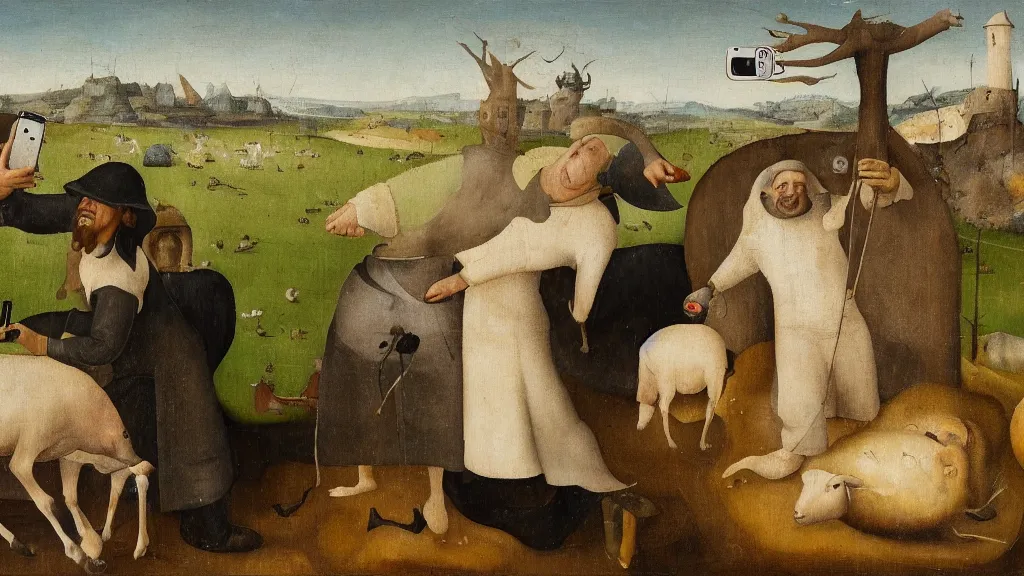 Prompt: A butcher and sheep taking a selfie smiling, in the fashion of Hieronymus Bosch, oil on canvas, painting, 4k, wide shot