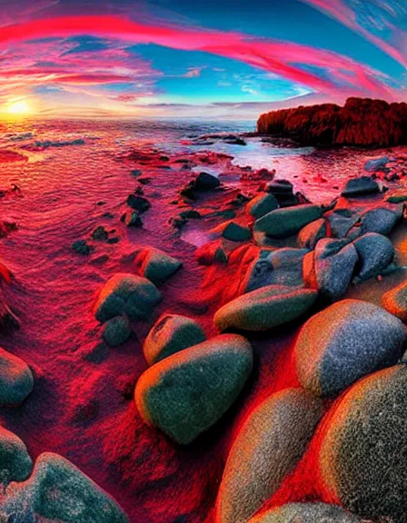 Prompt: solaris type planet HDRI scene rocky beach trippy red ocean