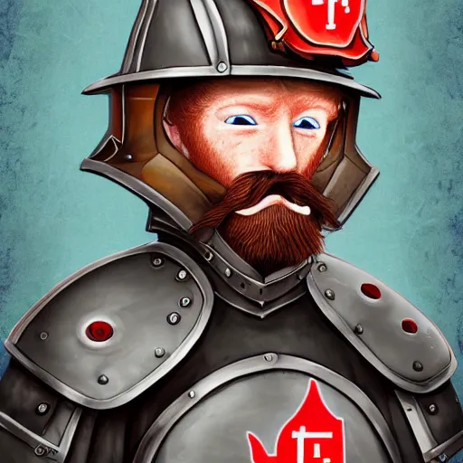 Image similar to An old man with a ginger beard, wearing knights armour and a fire fighters helmet, highly detailed, digital art, sharp focus, trending on art station, anime art style