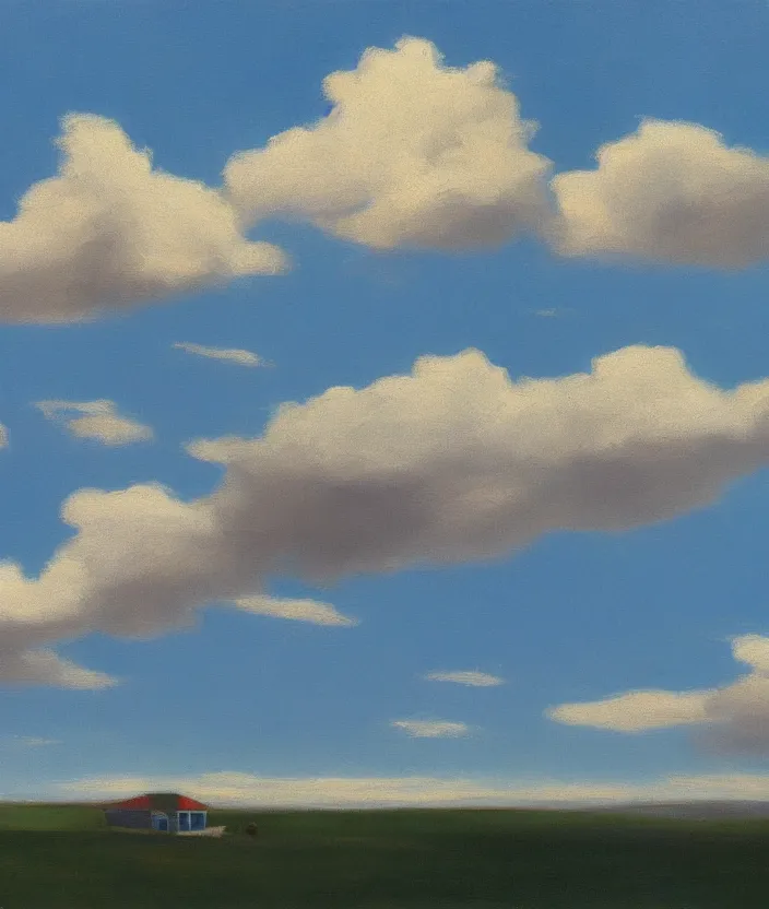 Image similar to baby blue sky with aesthetic clouds, in the style of edward hopper, very fine brushstrokes, 4 k,