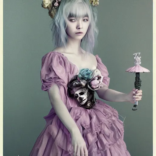 Prompt: 8 k, octane render, realism, tonalism, renaissance, rococo, baroque, cotton candy, portrait of a creepy young lady wearing long - harajuku manga flowers and skulls dress