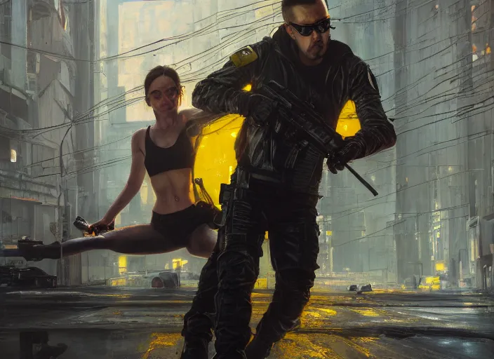 Image similar to Maria evades sgt Nash. Cyberpunk hacker wearing yellow escapes police troopers (blade runner 2049, cyberpunk 2077). beautiful face. Free running. Orientalist portrait by john william waterhouse and James Gurney and Theodore Ralli and Nasreddine Dinet, oil on canvas. Cinematic, hyper realism, realistic proportions, dramatic lighting, high detail 4k