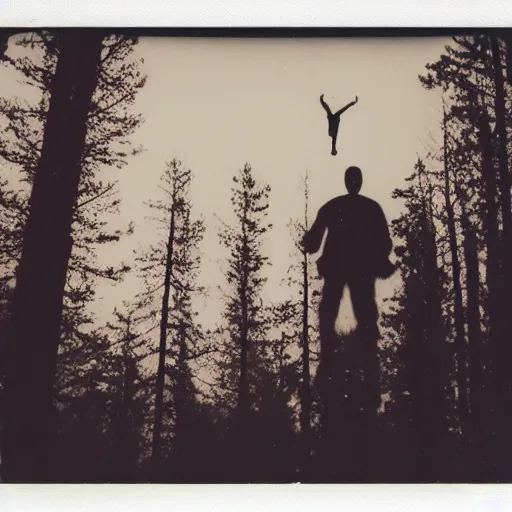 Image similar to eerie polaroid of a man floating above the forest at dusk