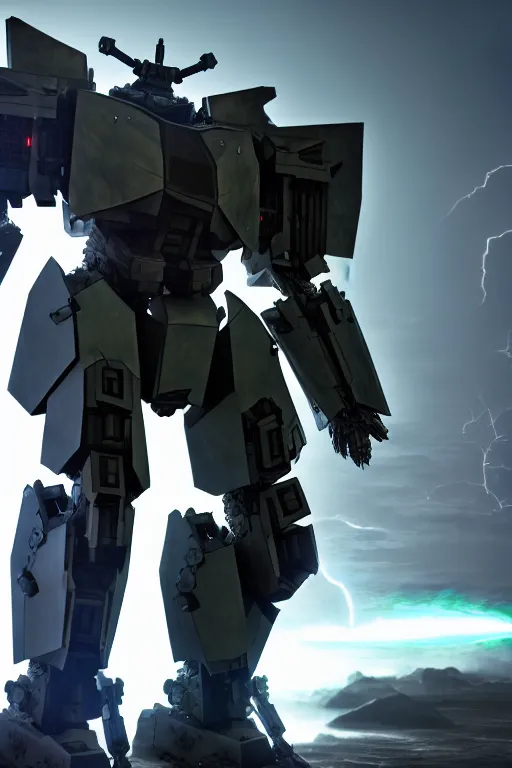 Prompt: hyper detailed 8 k cinematic still, rendering with volumetric lightning and ray tracing, show case of a skinny full body aggressive armored core, weathering armor plating, decipticon armor plating, aggressive head, endoekeleton exposure