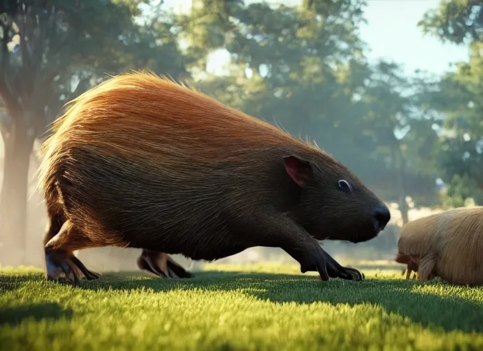 Image similar to venom fused with a capybara, ultra realistic 4 k unreal engine very cinematic render with ray tracing bloom ambient occlusion strong reflections depth of field fog