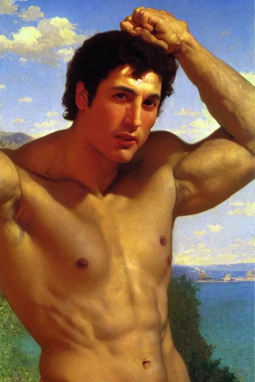 Prompt: portrait of rock hudson flexing his muscles, victor Nizovtsev, bouguereau