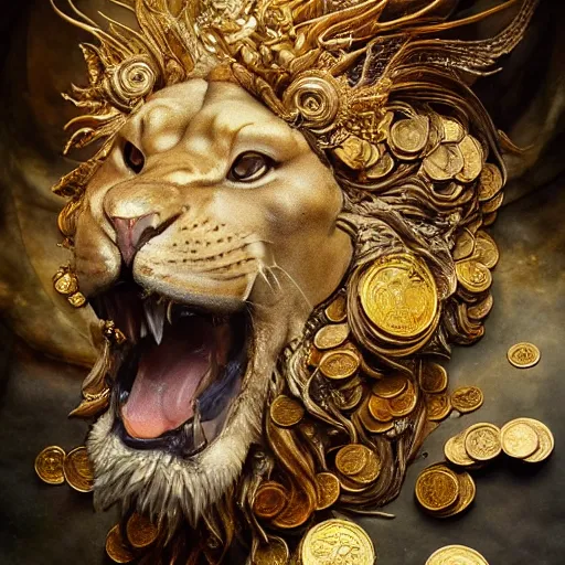 Image similar to a beautiful detailed 3 d matte of a alchemist lion, by ellen jewett, by tomasz alen kopera, ominous, magical realism, texture, intricate, skull, skeleton, gold coins, money, whirling smoke, alchemist bottles, radiant colors, fantasy, volumetric lighting, high details