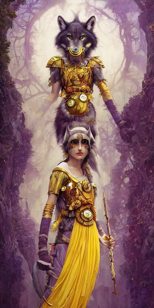 Image similar to hyper realistic Princess Mononoke in her mask, busy metropolis, city landscape, wolves, magic, castle, jewels, style of tom bagshaw, mucha, james gurney, norman rockwell, gems and gold, waterfalls, denoised, sharp, yellow purple and black colours,