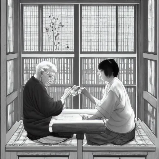 Image similar to very elderly couple tenderly feeding each other eating crayons tenderly feeding each other crayons, in the style of kawase hasui james jean, artstation trending, 8 k, 3 d render, photorealistic, volumetric lighting caustics, black and white, detailed af