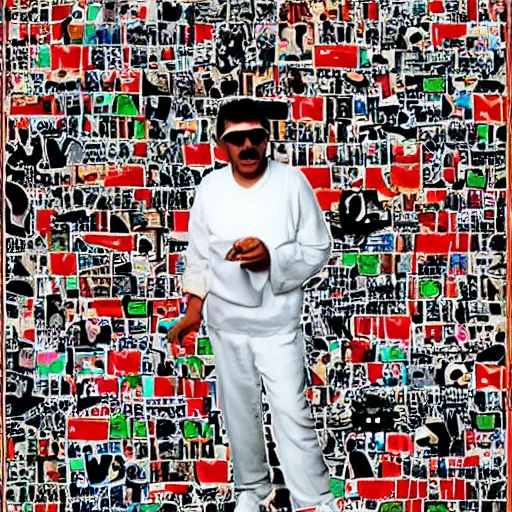 Image similar to omar souleyman in the style of daniel johnston and outsider art, collage with arabic advert text, 4k