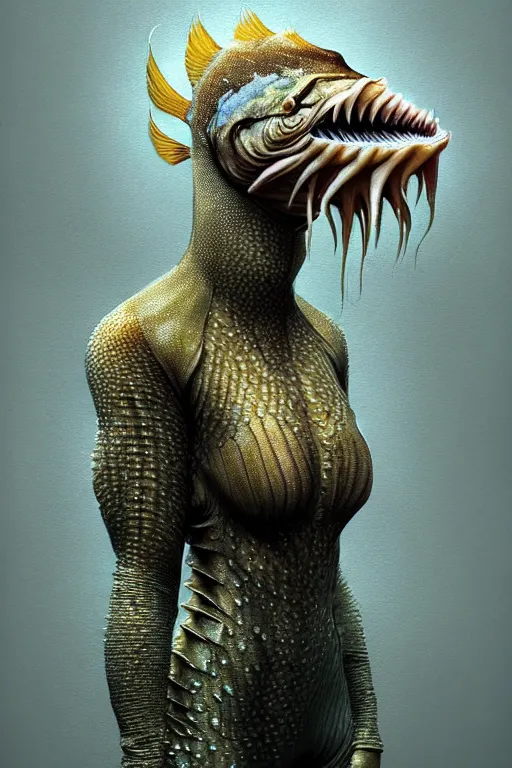 Image similar to epic professional digital art of female human - fish hybrid animal wearing air force jumpsuit, humanoid scaly fish head, fish mouth, painting, by leesha hannigan, iris van herpen, artstation, cgsociety, wlop, epic, much wow, much detail, gorgeous, detailed, cinematic, masterpiece
