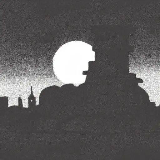 Image similar to The sun setting on a skull, with a looming tower in the distance. Dark Fantasy, Film Noir, Black and White. High Contrast, Mike Mignola, D&D, OSR