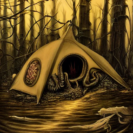 Prompt: a tent by the river in the deep, remote woods by h. r. giger, from nightmare before christmas | detailed | elegant | trending on artstation