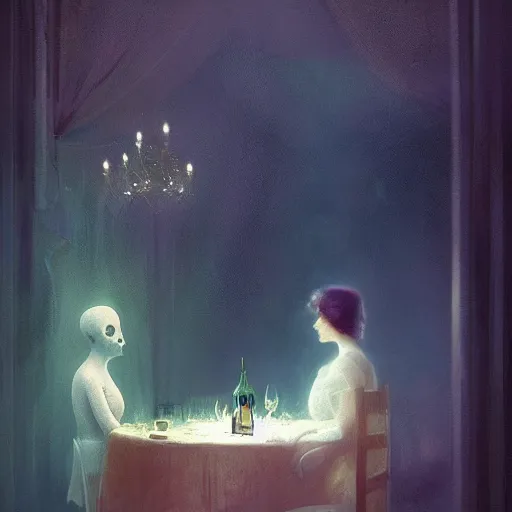 Prompt: The dinner with all the dead people I knew, By Delphin Anjolras, by Ismail Inceoglu, by Emiliano Ponzi, ghosts