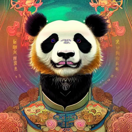 Image similar to a beautiful hyperdetailed character design 4 k wallpaper illustration of a cute panda with a chinese lion dance head victo ngai cyberpunk style, from china, style of studio ghibli, makoto shinkai, raphael lacoste, louis comfort tiffany, artgerm, james jean, ross tran, chinese style