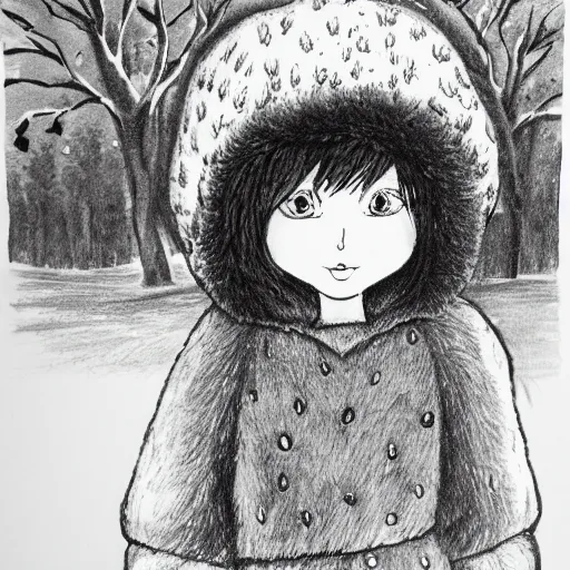 Prompt: a black and white ink drawing of a freckled ten year old girl named lucy in winter fur park and and a fur hat, ( ( ( ( smiling ) ) ) )