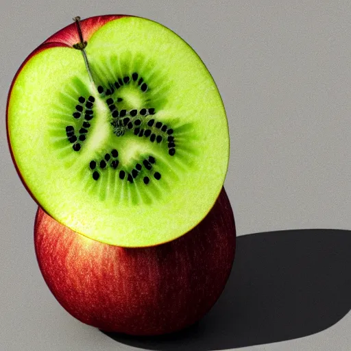 Prompt: half apple half kiwi hybrid, artstation, photorealistic, trending, hd, 4k, 8k