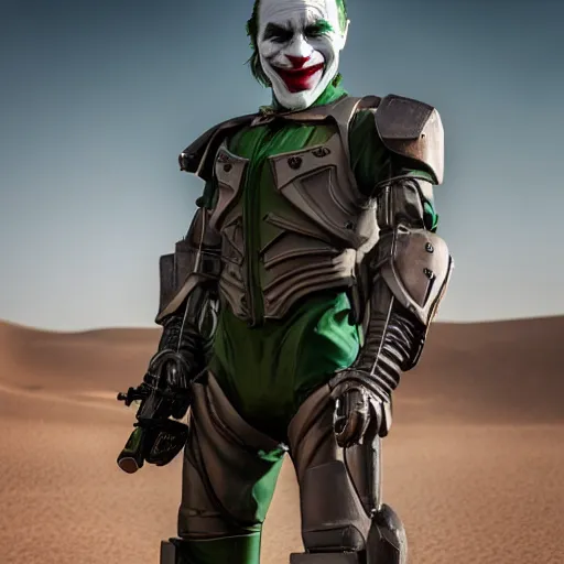 Image similar to cinematic portrait of the joker wearing t - 5 1 b power armor in the desert, 8 k, very detailed, very intricate,