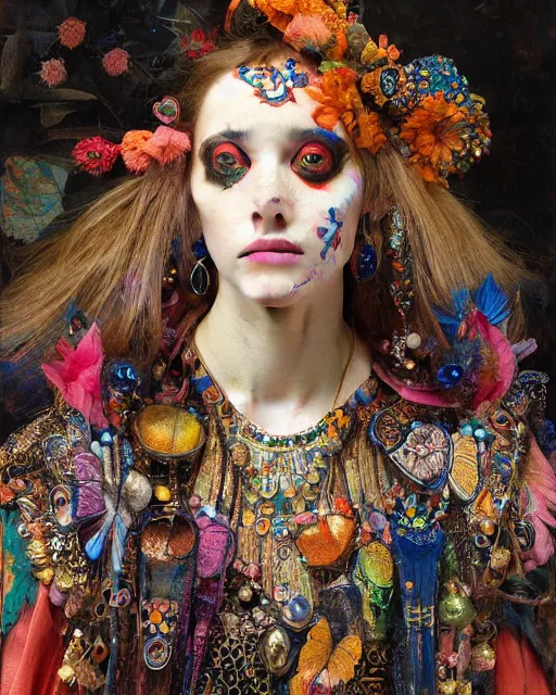 Prompt: a beautiful girl wearing colourful face paint surrounded by bright intricate patterns, by edgar maxence and caravaggio and michael whelan, intricate painting, hyper realistic, extremely detailed and beautiful aesthetic face, 8 k resolution