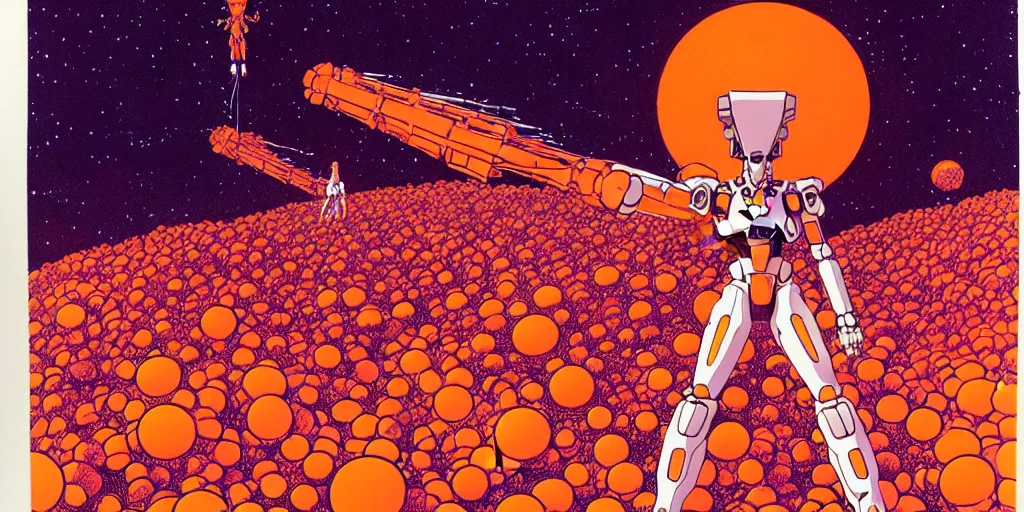 Image similar to risograph rendition of extremely - detailed white huge evangelion - like mech with a lot of orange tiny balls on it, children faces, ominous, intricate complexity, dramatic, epic composition, atmospheric, painting by moebius