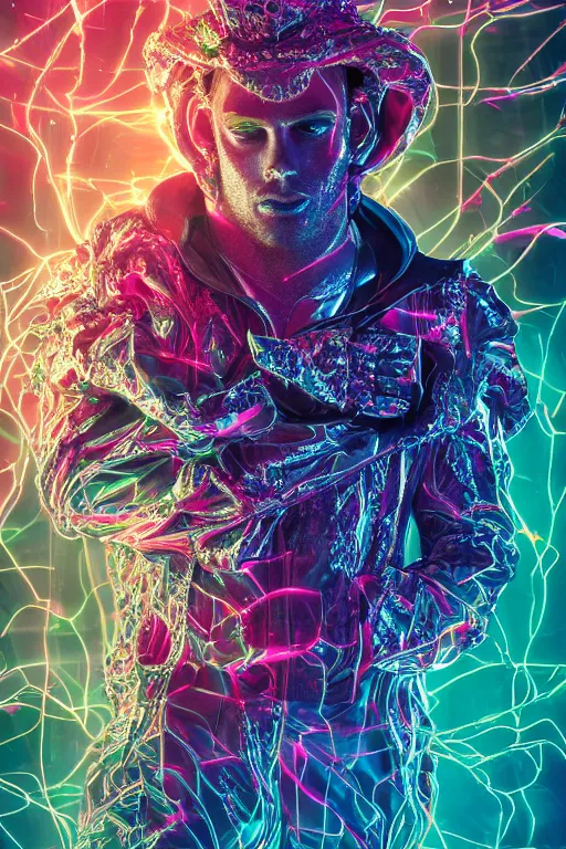 Prompt: hyper detailed ultra sharp portrait of baroque and bladerunner delicate neon ruby sculpture of seductive albino william levy gorilla green radioactive humanoid deity wearing metallic hoody made out of leaves holding the sun prismatic dungeon, glowing rainbow face, crown of white diamonds, cinematic lighting, photorealistic, octane render 8 k depth of field 3 d