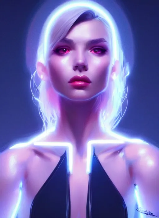 Image similar to portrait of european female humanoid, elegant, cyber neon lights, highly detailed, digital photography, artstation, pinterest, glamor pose, concept art, smooth, sharp focus, art by artgerm and greg rutkowski