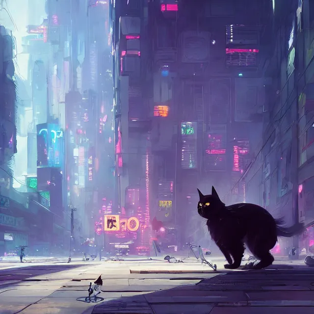 Image similar to a painting of a cute black cat in cyberpunk city. character design by cory loftis, fenghua zhong, ryohei hase, ismail inceoglu and ruan jia. volumetric light, detailed, rendered in octane