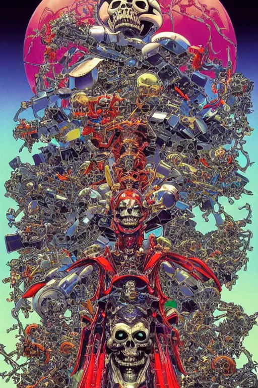 Image similar to poster of crazy roborts skeletor, by yoichi hatakenaka, masamune shirow, josan gonzales and dan mumford, ayami kojima, takato yamamoto, barclay shaw, karol bak, yukito kishiro