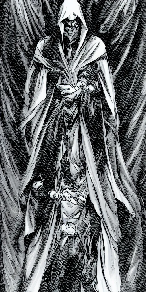 Prompt: A comic book cover page of a cloaked mage, digital art, comic book, detailed, greyscale