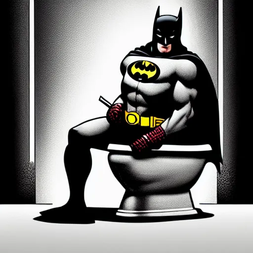 Image similar to low - angle shot from the ground of batman sitting on a toilet with pants down, dirty wall tiles, claustrophobic room, hyper - realistic comic digital art by frank miller, dramatic lights, realistic, very very detailed, 4 k, dark colours