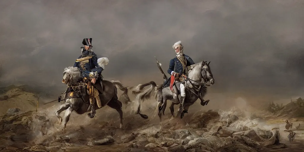 Prompt: George Washington rides a motorcycle to attack the British army in the revolutionary war, epic, cinematic, concept Art, detailed, 4K