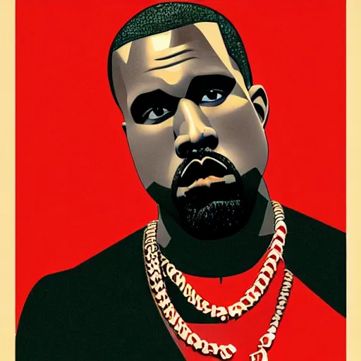 Image similar to Russian Propaganda Soviet illustrated poster of Kanye West as President standing in front of a USA America flag