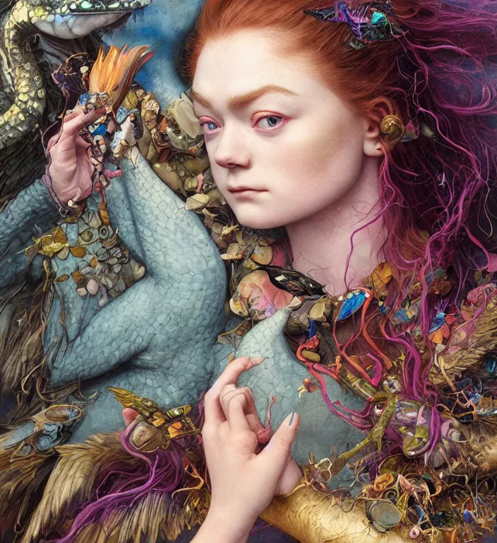 Image similar to a portrait photograph of a meditating fierce sadie sink as a colorful harpy super hero with scaled skin. she is trying on skin grafts and transforming into a slick amphibian. by tom bagshaw, donato giancola, hans holbein, walton ford, gaston bussiere, peter mohrbacher and brian froud. 8 k, cgsociety