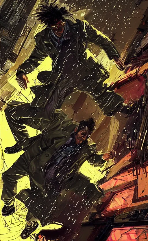 Image similar to Grizzled Trenchcoat detective fighting in the rain. Detailed dynamic anatomical proportions. Anti-hero leaping into action POV. Cybernetic kung-fu action shot. Dynamic, delirious, creative panel style by Bill Sienkiewicz. Heavy chromatic abberation. Visual distortion. Sci-Fi cyberpunk Comic page made up of art by the best artists Trending on Artstation. Octane render, Raytracing, 3d masterpiece, fantastic lighting by James Gurney. Noir detective genre.