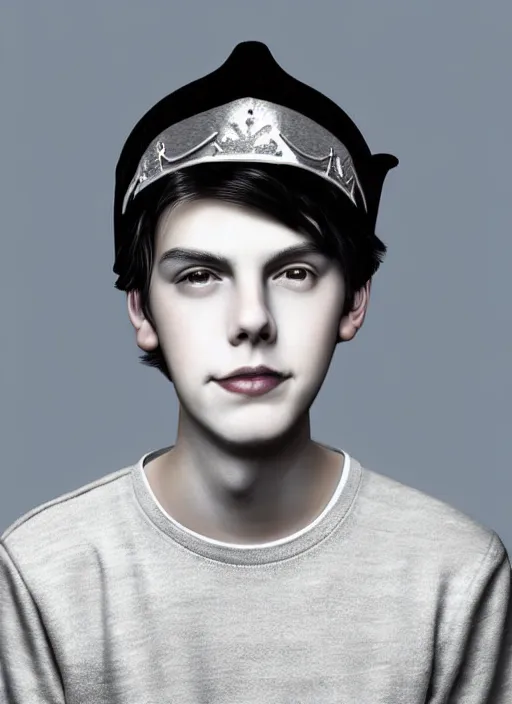 Image similar to portrait of teenage jughead jones wearing a light grey crown, photorealistic, crown, eyes closed, crown, black hair, sweater with letter s on it, letter s, intricate, elegant, glowing lights, highly detailed, digital painting, artstation, concept art, smooth, sharp focus, illustration, art by wlop, mars ravelo and greg rutkowski